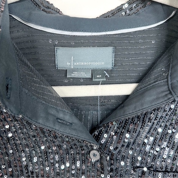 Anthropologie Sequin Button-down Shirt Slate Gray Top Medium Petite - Picture 9 of 15
